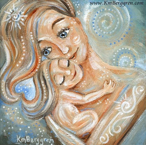 light blue art print of blonde mother with blonde daughter and swirls and body art by Kmberggren