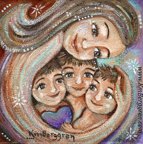 mother hugging three children, personalized canvas painting for mom, painting for best friend
