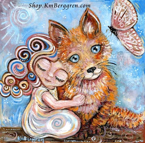 blue and orange and pink art print of happy little girl with big blue eyed fox