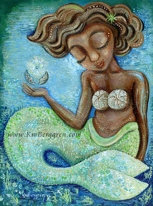 black woman mermaid with short wavy brown hair, closed eyes, plump lips, shell bra and holding a shell that is opening to reveal a pearl