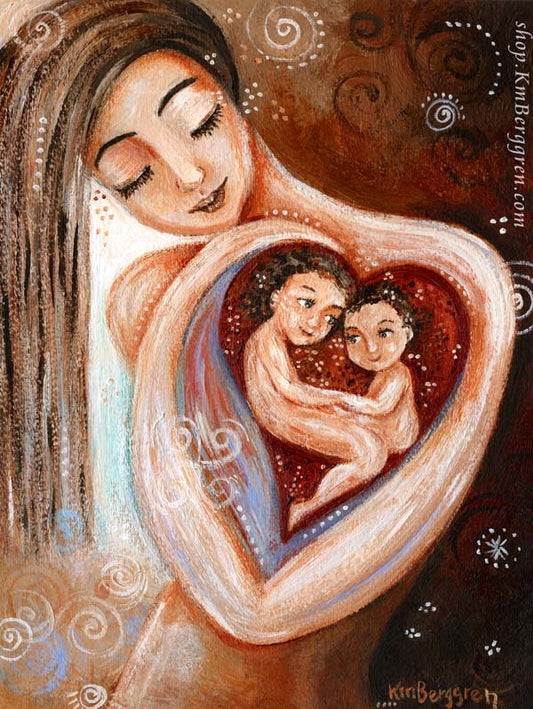 red and warm art print of long haired mother holding two children in her heart by KmBerggren