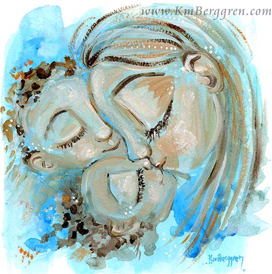 mother and two children kissing, blue watery artwork, biracial babies and mom, gift for mother's day for mom of two 2
