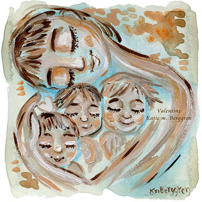 mother of three children, gift for mom of three, cradling three kids, kmberggren art, mother's day gift for mom and three kids, gift for mom from three kids, warm art, natural earth color art