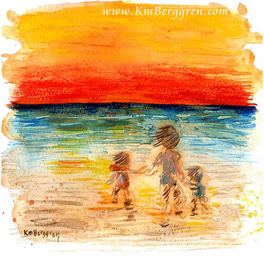 dreamy beach art, sunset beach painting of woman and 2 children on the beach, orange beach painting