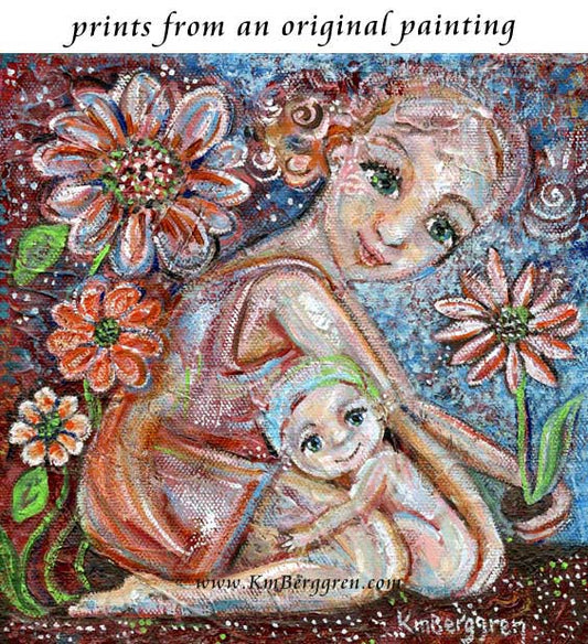 art print of mother gardening with naked baby leaning against her in the dirt by KmBerggren