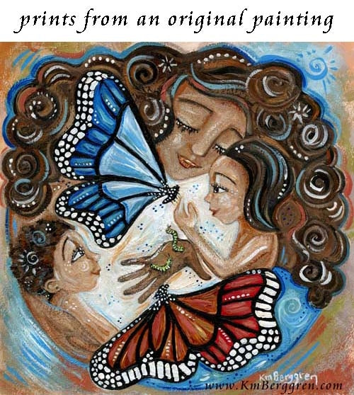 art print of curly brown haired mom with two children and two large butterflies by KmBerggren