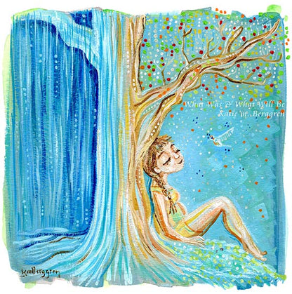 A solitary and confident woman leaning against a tree art print. Rain & Sunshine art. Gift for pregnant mother. Hopeful pregnancy artwork. 