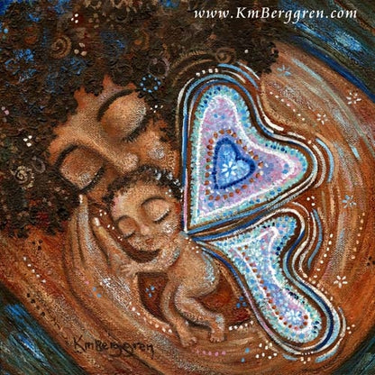 art print of an African American mother and a winged baby, condolence artwork by KmBerggren