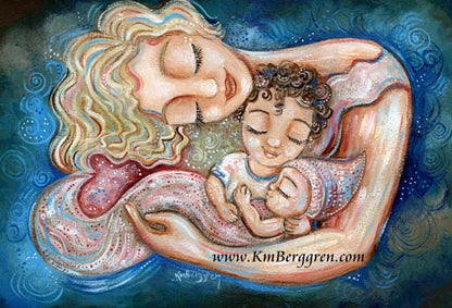 art painting print of blonde mother with bi-racial child and baby by KmBerggren