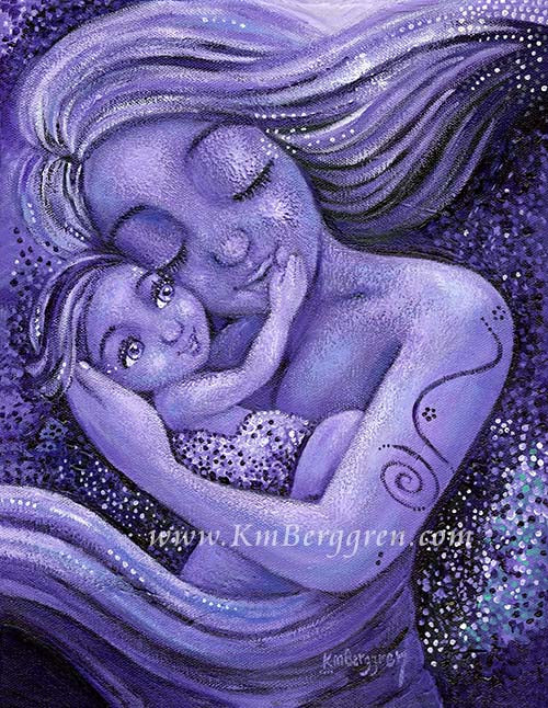 mother and child dancing, purple artwork, warm artwork of mommy and baby, baby touching mom face art, kmberggren