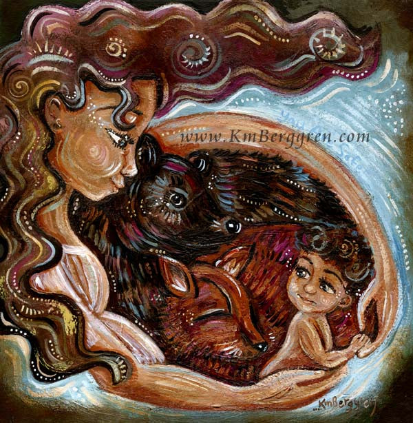 art print on canvas or paper of mother with child fox and bear by KmBerggren