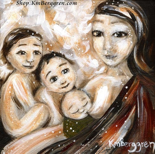 mom with brown hair nursing baby with two older kids art