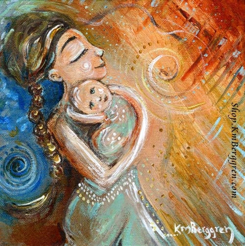 mama carrying smiling baby art