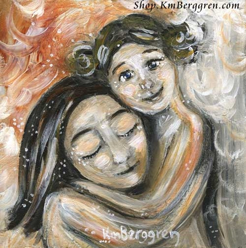 art print of a brunette mother being hugged by her older daughter with blonde hair buns