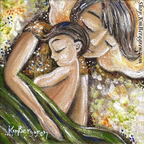art print of mother sleeping beneath a green blanket with her child by KmBerggren