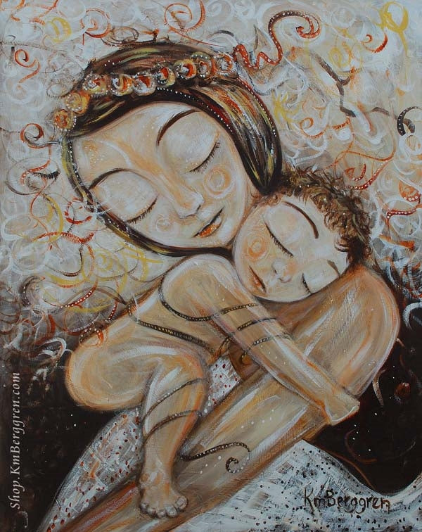 painting of mom holding a nude child to her, wearing an flower wreath in her hair, by KmBerggren