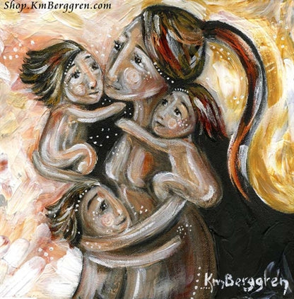 pink and yellow art print of long red haired mother holding three toddler girls or boys with longish hair