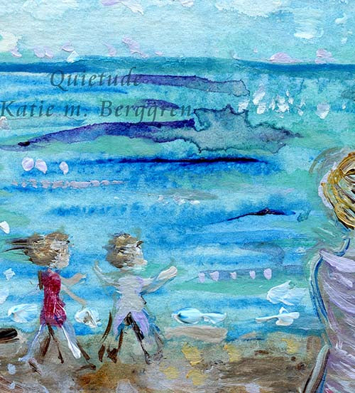 dreamy beach art, woman and two children on the beach, purple and blue soft beach painting