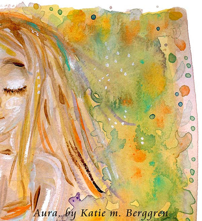 A confident and happy young woman, positive artwork, sitting in a yoga pose with a golden watery dream-like background. Yoga Art. Powerful girl gift. Confident young woman art. Beautiful and Sentimental girl gifts.