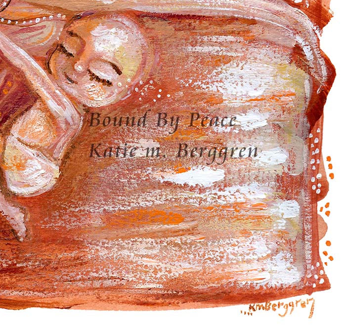 red orange and pink artwork of mother and baby sleeping together, cosleeping art, long red hair woman art, bald sleeping baby art, new baby gift