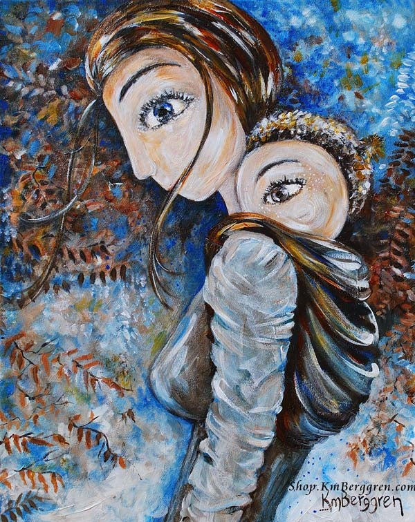 blue and brown art print of brunette mother wearing child on her back, blue sky, ferns and nature