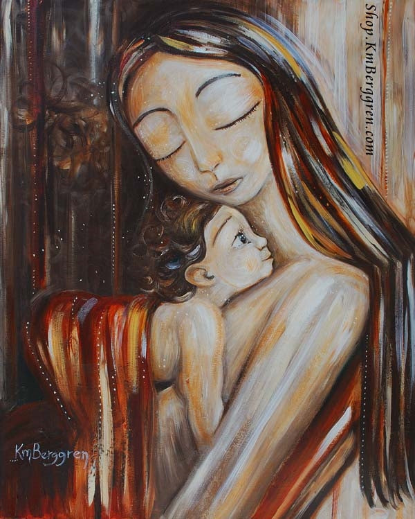 art work of long brown haired mother holding curly brown haired child against her chest with red blanket