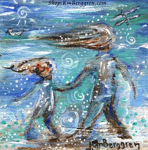 art print in blues and greens of a whimsical mother and daughter walking on the beach viewed from behind with a bird