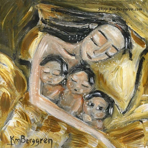 art work showing a black haired mother sleeping in a yellow bed with three black haired children