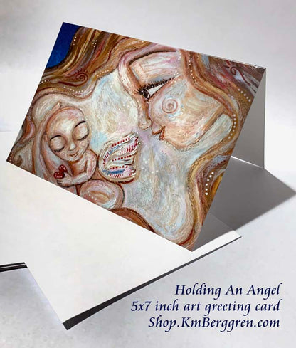 holding a baby angel greeting card, blank frameable art card for mom