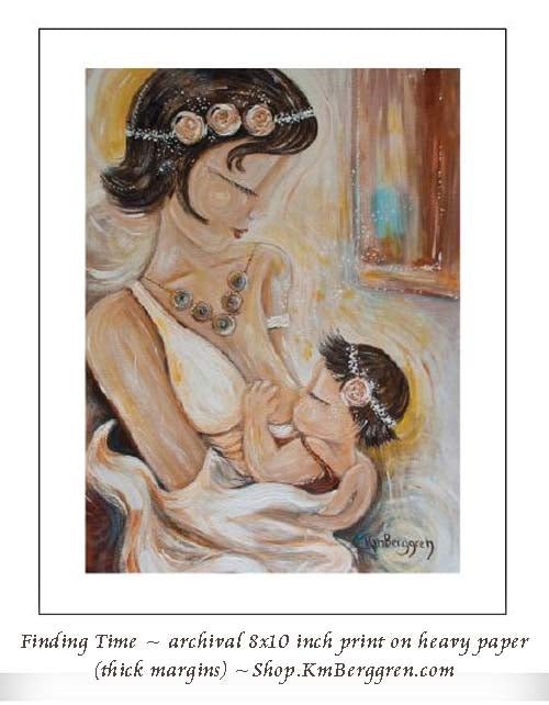 art print of mother on her wedding day nursing baby daughter with flower in both of their hair by KmBerggren