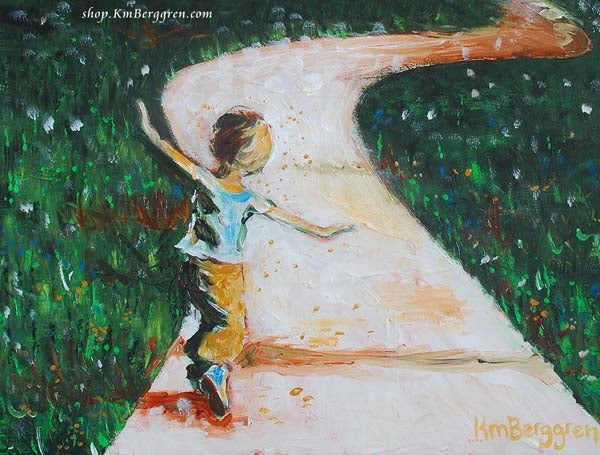 art print of a little boy running down a path through green grass with his arms out like he is flying - art by KmBerggren