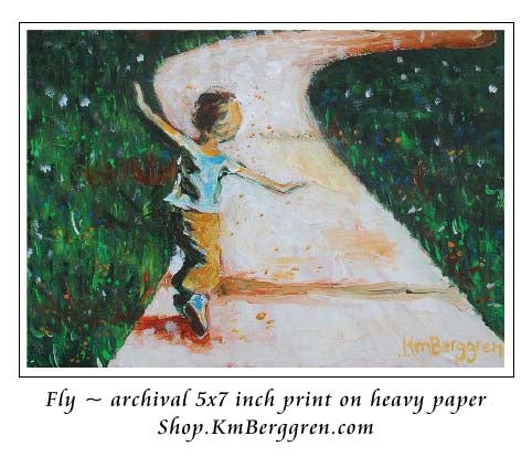 art print of a little boy running down a path through green grass with his arms out like he is flying - art by KmBerggren
