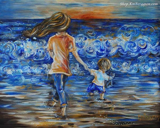 mother walking towards the sun and towards the water on the beach holding hands with a little boy, sunset on the beach art by KmBerggren