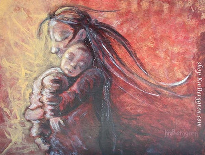 artwork of long haired mother holding baby on her shoulder in reds and yellows, by KmBerggren