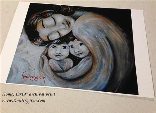 black and white artwork of mother with black hair holding two children. Choose Embellished for eye color changes.
