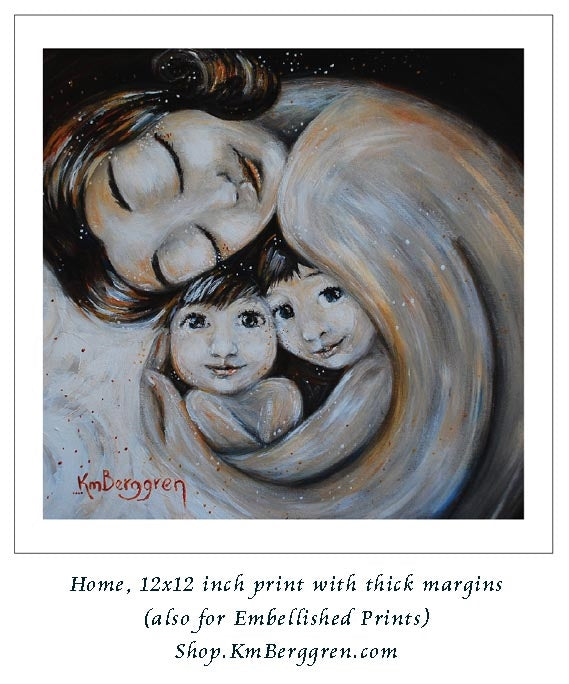 black and white artwork of mother with black hair holding two children. Choose Embellished for eye color changes.
