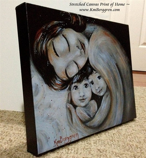 black and white stretched canvas print by KmBerggren of mother with black hair holding two children. Choose Embellished for eye color changes.