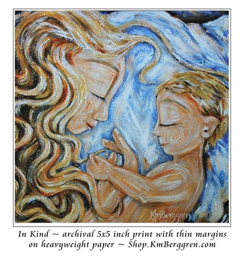 artwork by KmBerggren of blonde curly hair mom sleeping in blue bed with blonde son