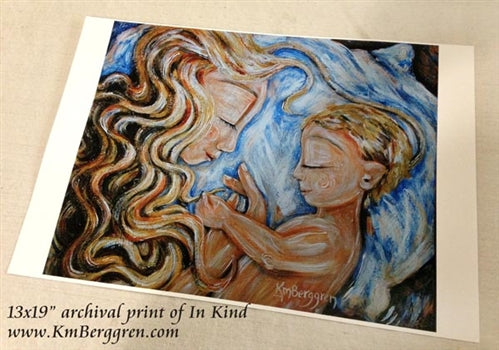 artwork by KmBerggren of blonde curly hair mom sleeping in blue bed with blonde son