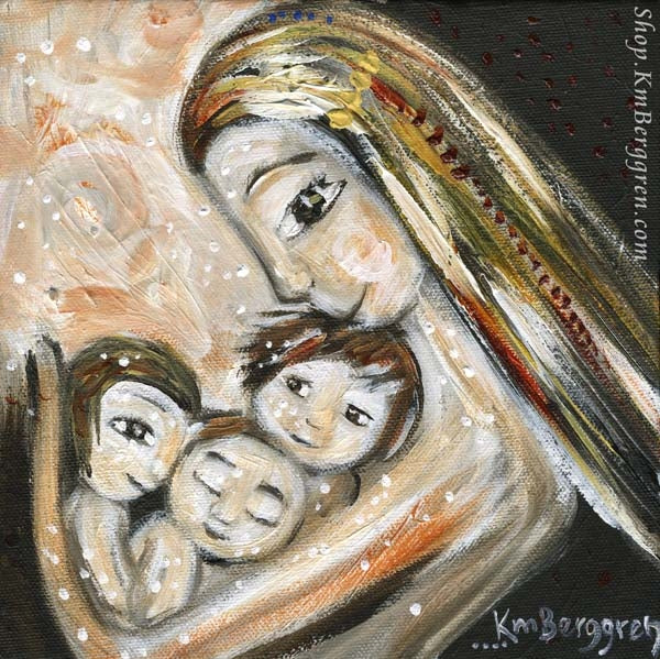 art print of blonde mother cradling three small children in her arms by KmBerggren - tan and warm tones. Choose Embellished to customize eye colors.