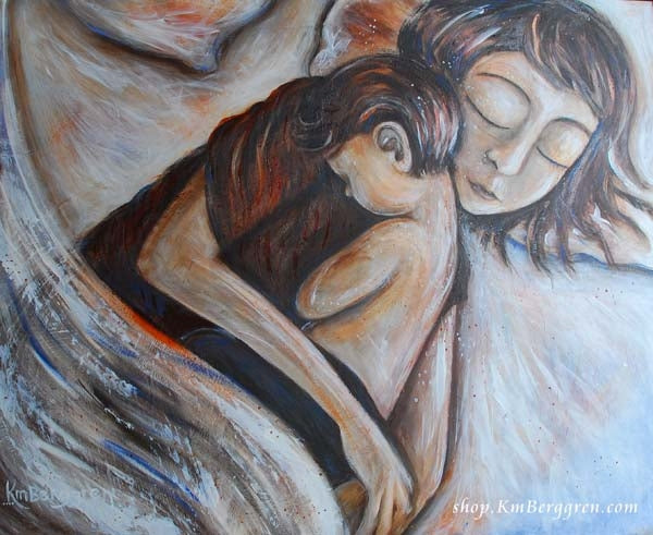 white red and soft blue artwork of mother sleeping with short haired child by KmBerggren