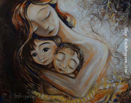 golden and brown art print of a mother hugging two children. Emotional artwork by KmBerggren