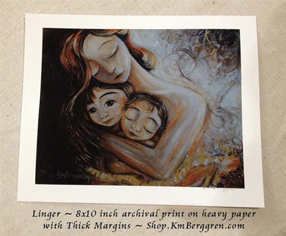 golden and brown art print of a mother hugging two children. Emotional artwork by KmBerggren