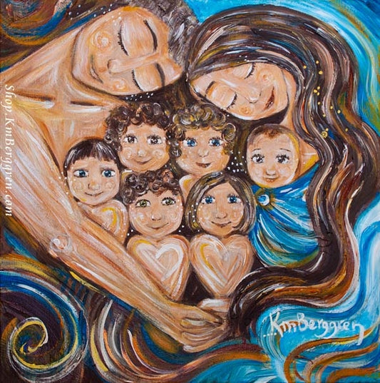 artwork showing family with six kids and mom and dad with blue background and long reddish brown hair, KmBerggren art