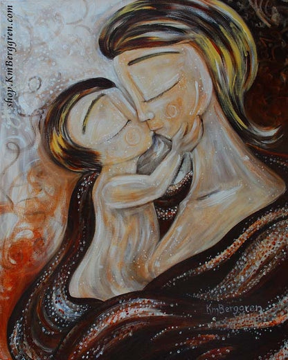 warm neutral tones artwork of short hair mom kissing toddler on the lips by KmBerggren