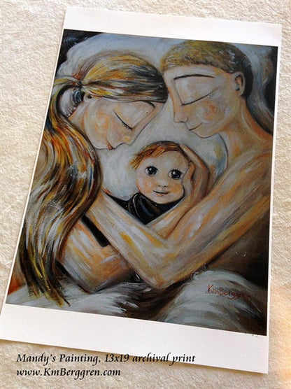 artwork of blonde mother and father with new baby with big eyes by KmBerggren