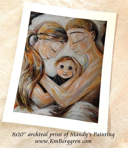 artwork of blonde mother and father with new baby with big eyes by KmBerggren
