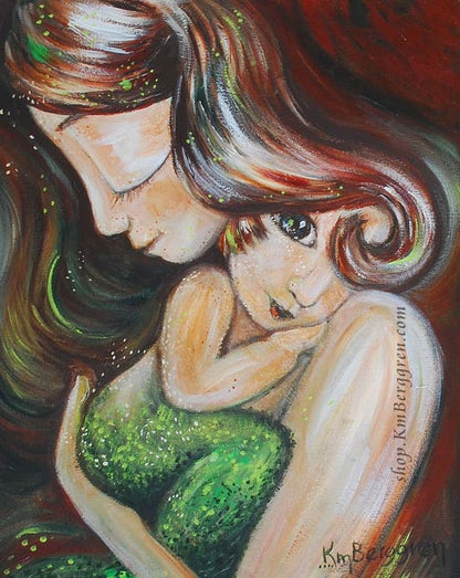 green and red art print of mother holding mermaid child, by KmBerggren