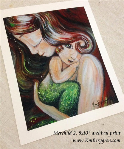 green and red art print of mother holding mermaid child, by KmBerggren