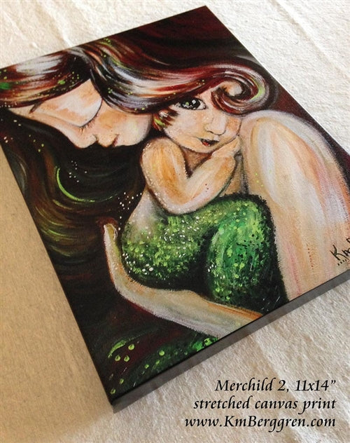 green and red art print of mother holding mermaid child, by KmBerggren